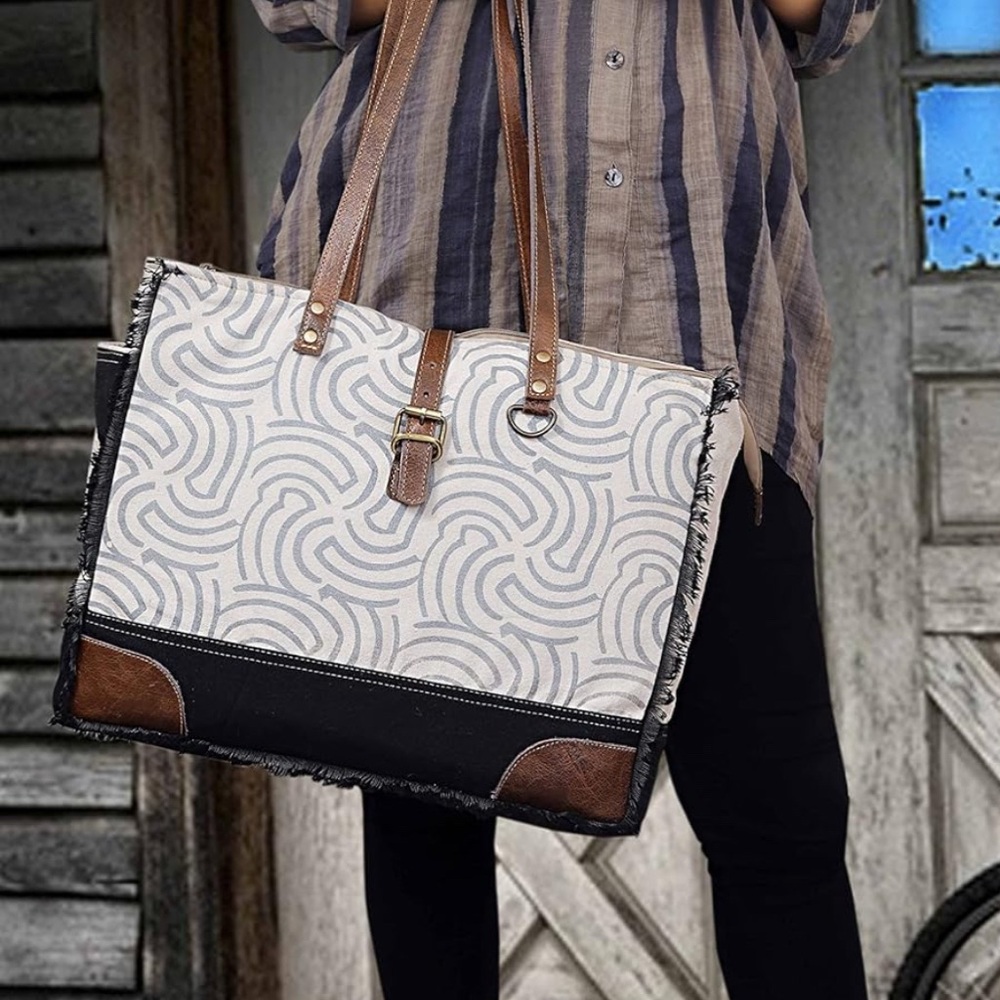 Cuero Leather Upcycled Canvas Black and Brown Tote Bag